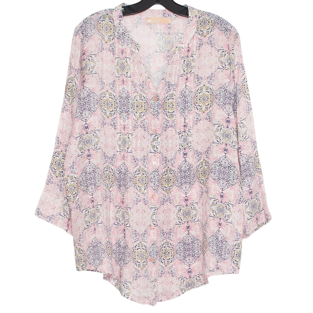 La Cera Top Button Up Lightweight Boho Flowy Resort Vacation Pink 3/4 Sleeve L